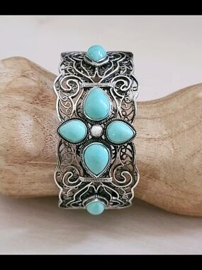 Vintage BJ Designer Turquoise Cuff Bracelet 925 Sterling Silver Hinged Filigree
